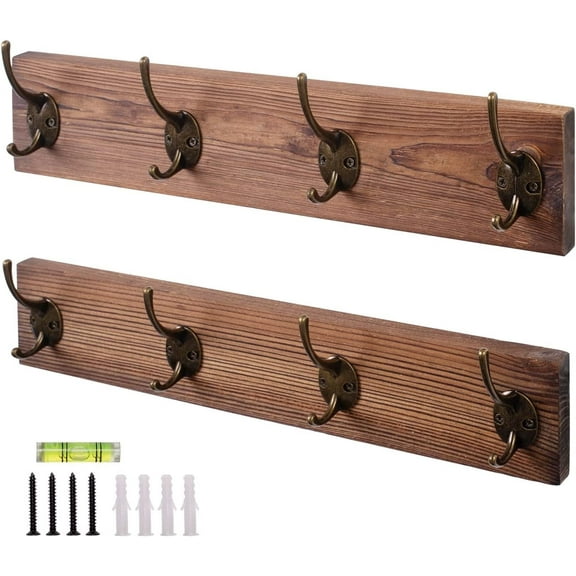 2 Packs Coat Rack Wall Mount, Entryway Coat Rack with 8 Wall Hooks, Wooden Coat Hat Hanger for Wall Organized and Storage in Living Room, Bedroom, Barth-Room, Natural & Rustic