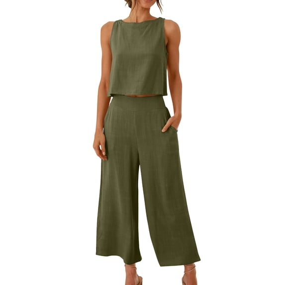 2 Packs Cotton Linen Sets for Womens,Crew Neck Tee Sleeveless Shirts Athletic-Fit Quick-Dry Baggy Trouser Tummy Control High Waisted Stretchy Wide Leg Pants Bussiness Office Work Trousers