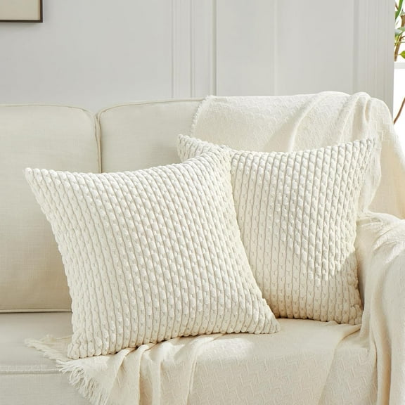 2 Packs Cream Decorative Throw Pillow Covers 18x18 Inch for Couch Bed Sofa, Modern Farmhouse Boho Home Decor, Soft Cute Plush Corduroy Cushion Case 45x45 CM