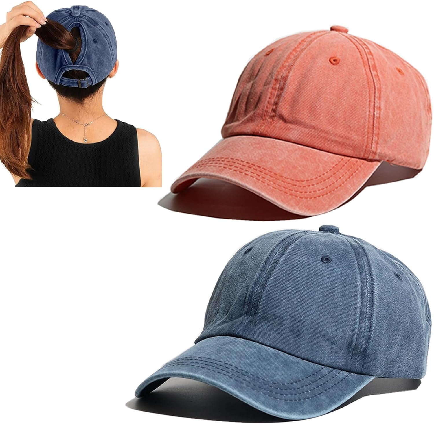 Distressed Baseball Cap with Ponytail Hole, Adjustable Fit, Polyester Criss-Cross Distressed Ponytail Hat – KW Custom Creations 2 main image 3