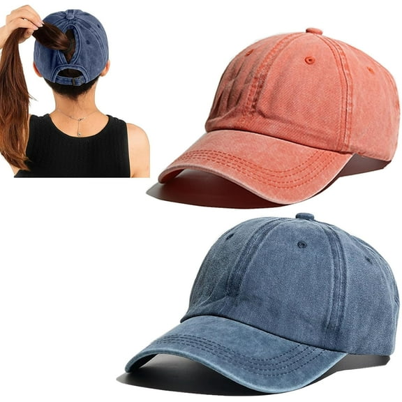 2 Packs Criss Cross Hat Womens Baseball Cap Distressed Ponytail Messy Bun Trucker Ponycap