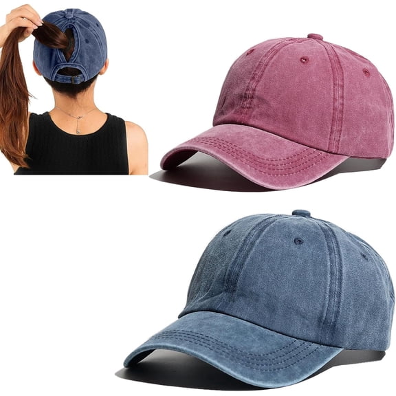 2 Packs Criss Cross Hat Womens Baseball Cap Distressed Ponytail Messy Bun Trucker Ponycap