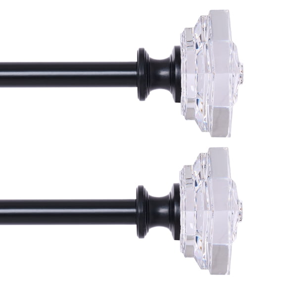 2 Packs Curtain Rod Adjustable Window Curtain Rods with clear acrylic plexiglass square finials, 3piece brackets, hardware kits. Black 48-86 inches.