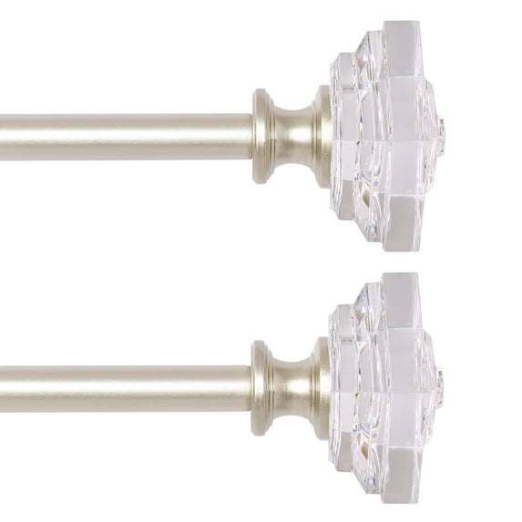 2 Packs Curtain Rod Adjustable Window Drapery Rods with clear acrylic plexiglass square finials, 3piece brackets, hardware kits. Champagne 48-86 inches.