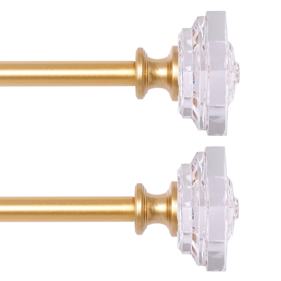 2 Packs Curtain Rod Adjustable Window Drapery Rods with clear acrylic plexiglass square finials, 3piece brackets, hardware kits. Gold 28-48 inches.