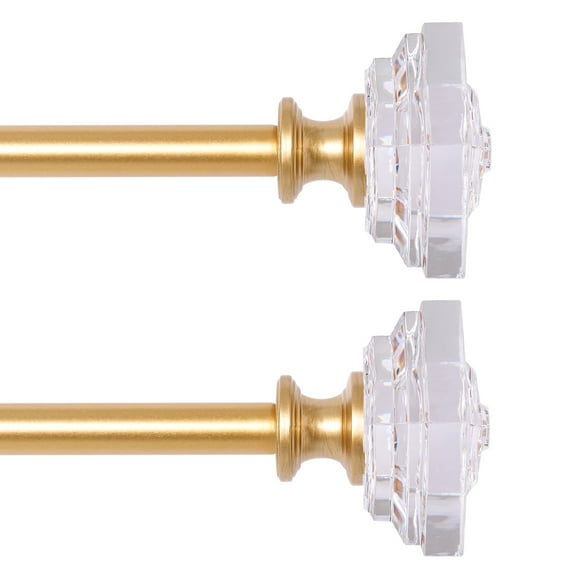 2 Packs Curtain Rod Adjustable Window Drapery Rods with clear acrylic plexiglass square finials, 3piece brackets, hardware kits. Gold 36-72 inches.
