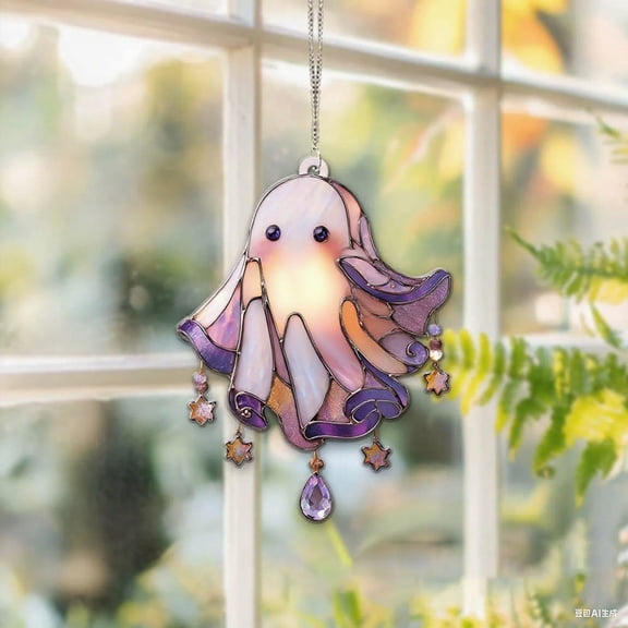 2 Packs Cute Ghost Acrylic Sun Catcher Window Decor, Halloween Home Decor Ornament, Light Catcher for Window Wall Decor, Adorable Ghost Decor for Room Decor, Ghost Theme Acrylic Decor for Gifts