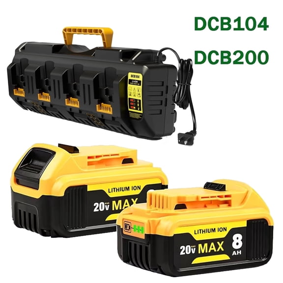 2 Packs DCB206 8.0Ah Replacement for DW 20V Battery and DCB104 4-Port Charger Compatible with 20V Battery Lithium Ion DCB200 DCB201 DCB203 Series Power Tool