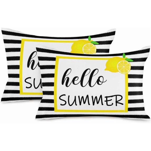 2 Packs Decorative Cotton Throw Pillow Covers, Black White Stripe Hello Summer Lemon Fruits 12 x 20 Inch Rectangle Reversible Soft Cushion Case for Couch Bedroom Sofa Living Room Chair Car
