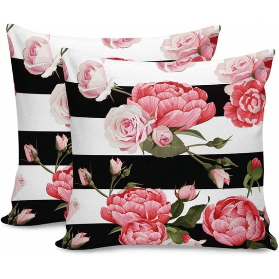 2 Packs Decorative Cotton Throw Pillow Covers, Pink Floral Rose Black and White Stripe 20 x 20 Inch Square Reversible Soft Cushion Case for Couch Bedroom Sofa Living Room Chair Car