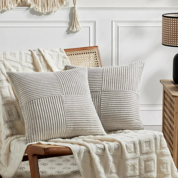 2 Packs Decorative Throw Pillow Covers for Living Room Couch Bed, Farmhouse Boho Home Decor, Soft Corss Corduroy Patchwork Textured Square Cushion Case