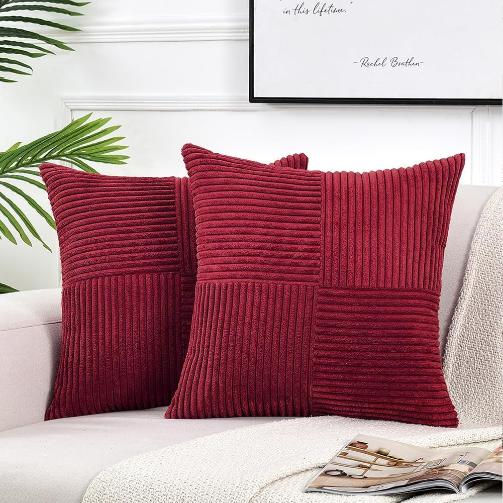 2 Packs Decorative Throw Pillow Covers for Living Room Couch Bed, Farmhouse Boho Home Decor, Soft Corss Corduroy Patchwork Textured Square Cushion Case