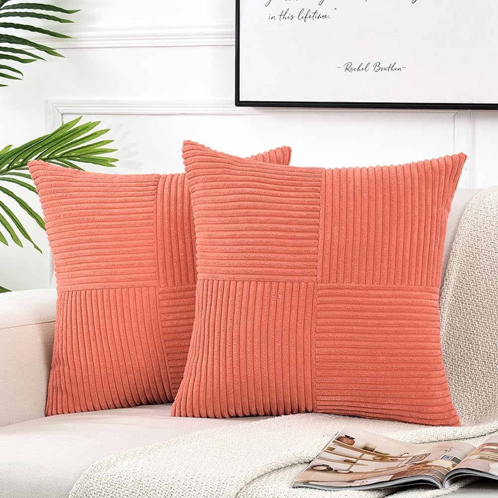 2 Packs Decorative Throw Pillow Covers for Living Room Couch Bed, Farmhouse Boho Home Decor, Soft Corss Corduroy Patchwork Textured Square Cushion Case