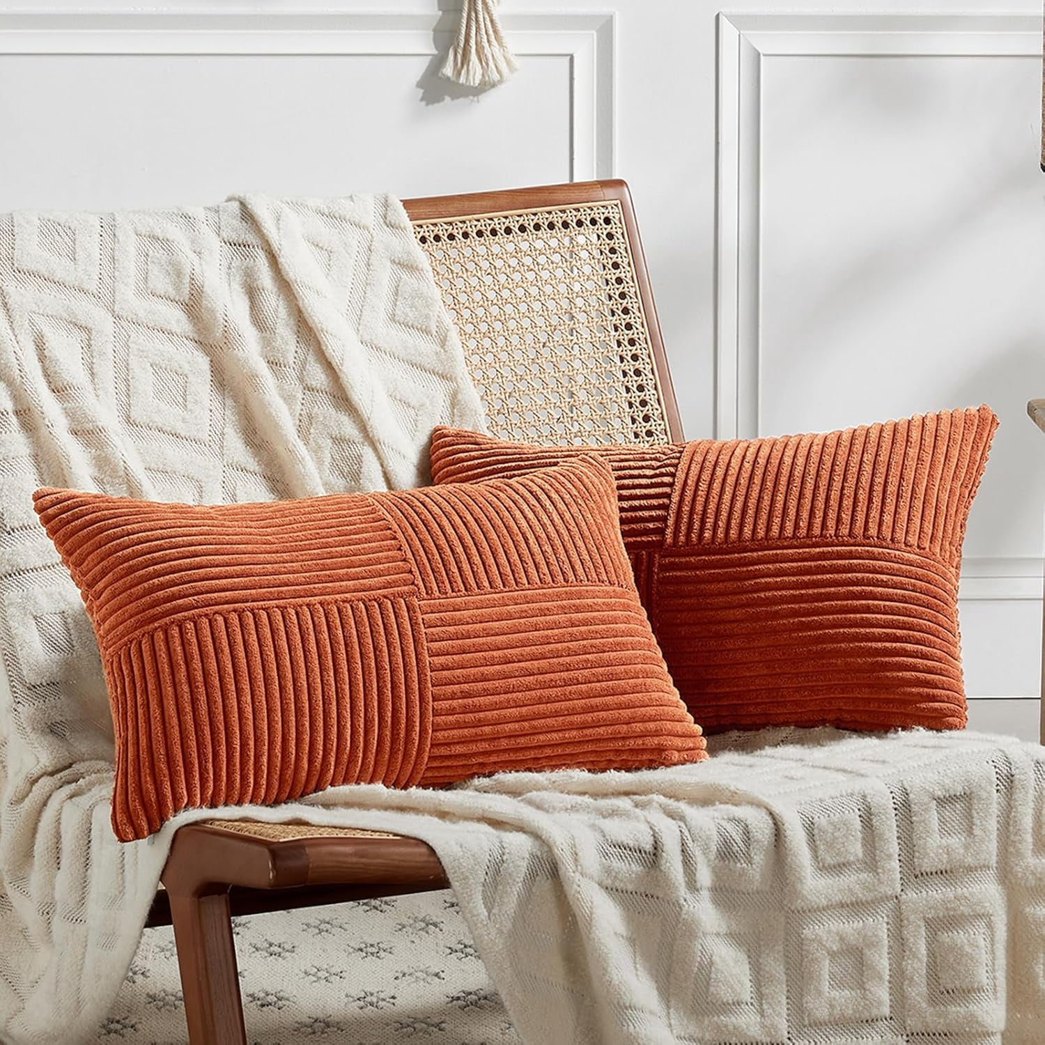 2 Packs Decorative Throw Pillow Covers for Living Room Couch Bed, Farmhouse Boho Home Decor, Soft Corss Corduroy Patchwork Textured Square Cushion Case