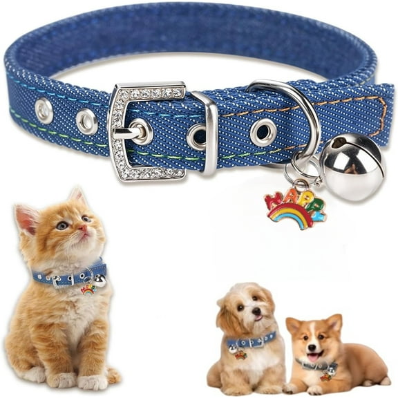 Newborn Denim Dog Collar Adjustable Bling Diamond Puppy Cat Fancy Rhinestone Necklace,Blue,XS Size