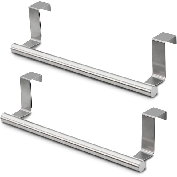 2 Packs Over The Door Towel Rack, Stainless Steel Towel Holder and Washcloth Rack, 9.3 inch Over The Cabinet Hand Dish Towel Bar for Bathroom Kitchen Living Room Bar Holder Cupboard Sliver