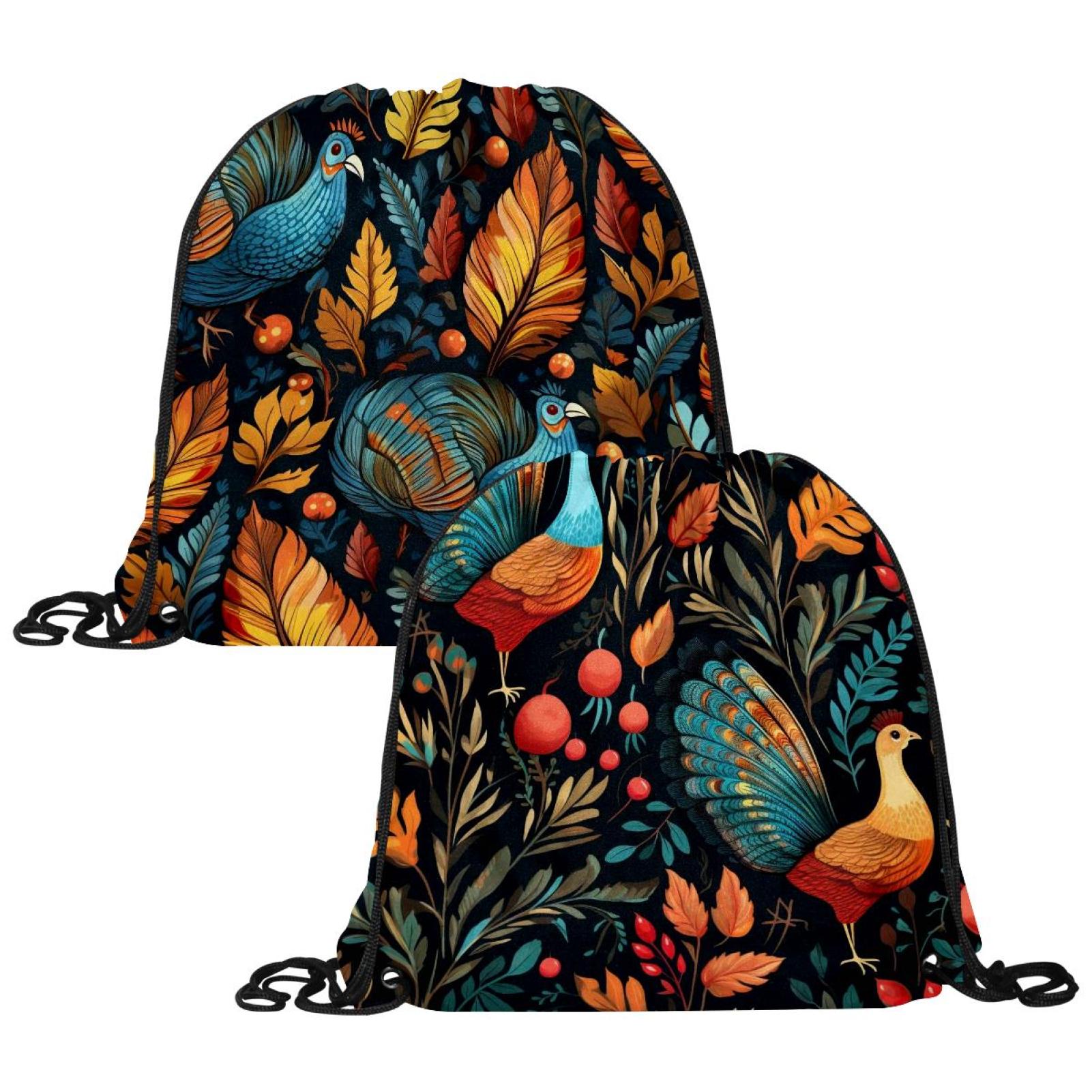 2 Packs Drawstring Backpacks Bags Happy Thanksgiving Turkey Leaves