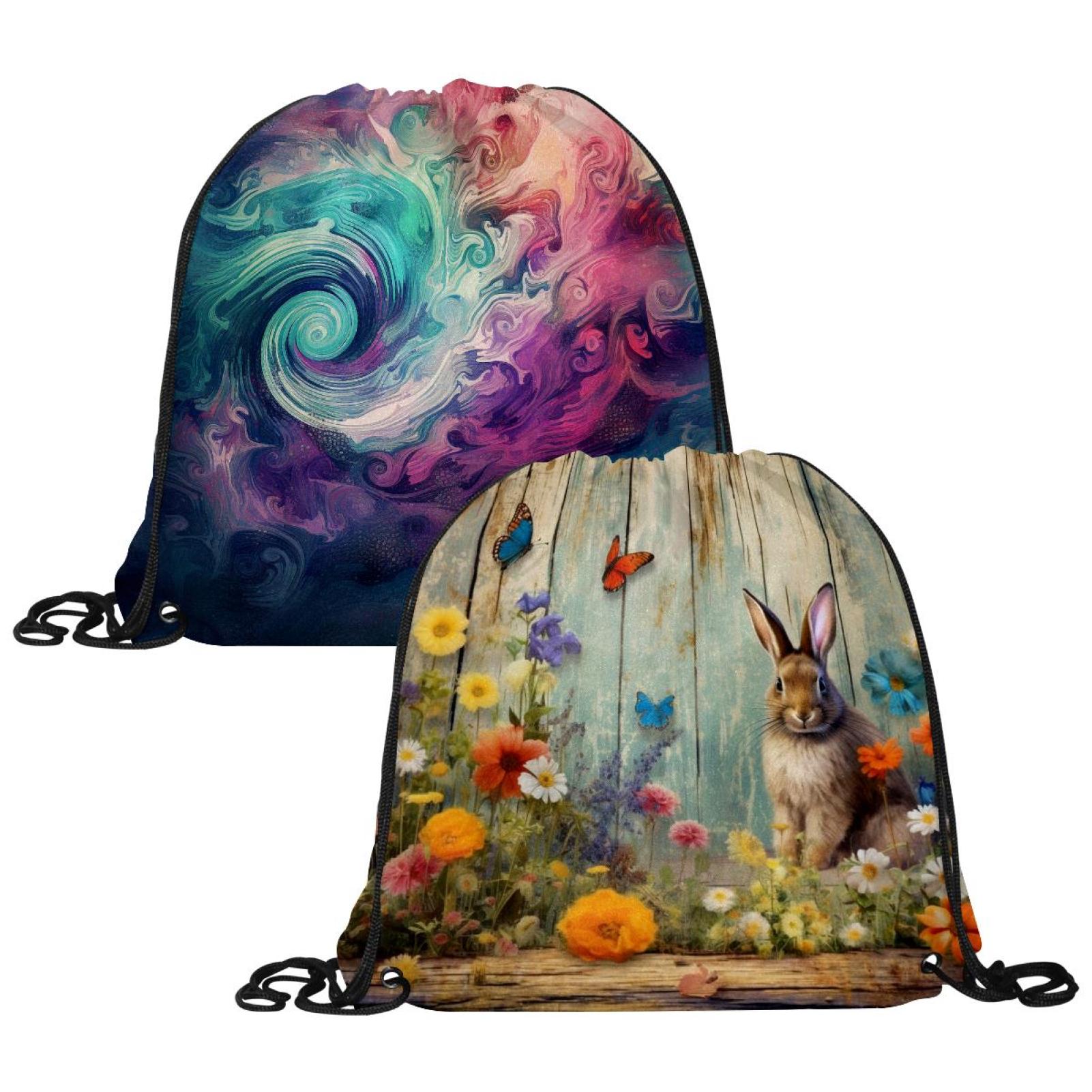 2 Packs Drawstring Bags, Large Capacity String Backpacks, Rabbit Daisy