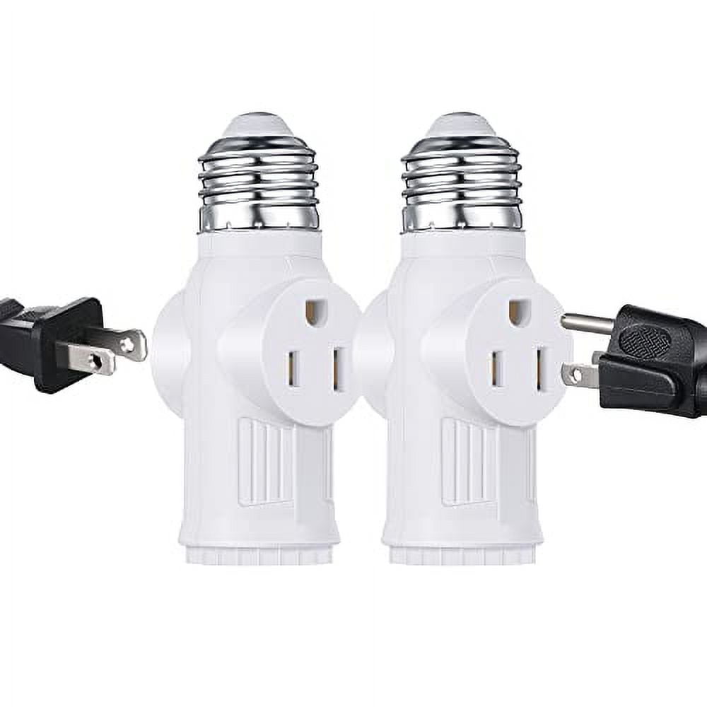 2 Packs E26/E27 3 Prong Light Socket to Plug Adapter,Polarized Light Socket Outlet for 2/3Prong Convert,Screw in Outlet Plug Splitter for Garage,Porch,PBT