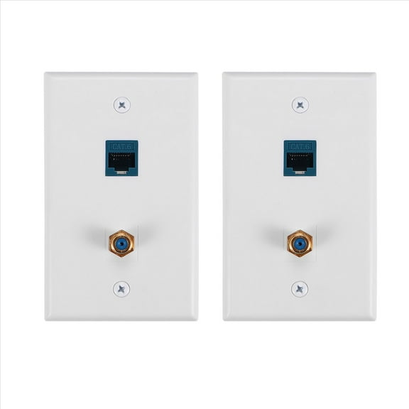 2 Packs Ethernet Coax Wall Plate Outlet with 1 Cat6 Port and Gold-Plated F Type RJ45 Plates