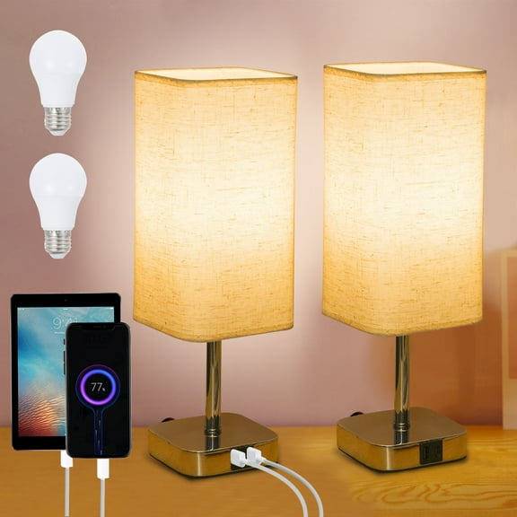 2 Pack Bedside Table Lamp, Touch Control Nightstand Lamp with USB A+C Charging Ports, 3-Way Dimmable lamps with Linen Fabric Shade for Bedroom Living Room