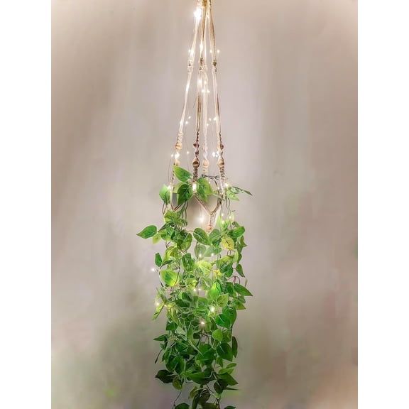 2 Packs Fake Hanging Plant with lights Artificial Plants Pots for Home Decor Macrame Hanr Faux Vines Greenery Bedroom Bathroom Room Ceiling Wall Boho Indoor Outdoor