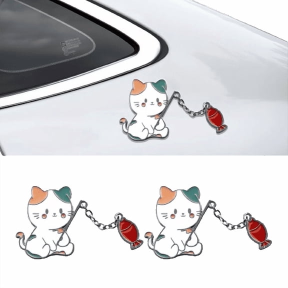 2 Packs Fishing Kitty Decal for Car Cute Metal 3D Emblem Sticker Decals Women Girly for Car Home Laptop Decoration