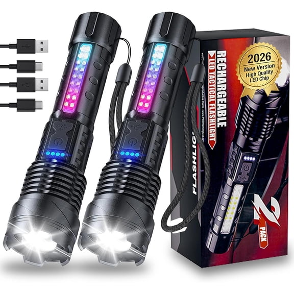 2 Packs of Flashlights for , Night Walking, Camping, | 7 Light Modes, Zoomable, High Lumens Super Bright, Strobe/Spotlight/Sidelight, 2600 mAh -In , USB-C Rechargeable
