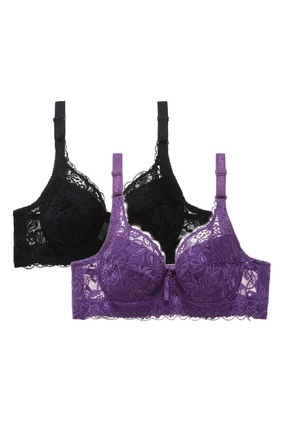 2 Packs Floral Secret Comfort Rose Bra,Lace Eyelet Bras for Women Full Coverage Shelf Bra Seamless Front Closure Bralettes Support Push Up Plus Size Brassieres Sets