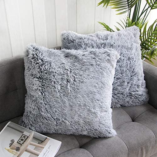 2 Packs Fluffy Accent Pillows Cover 18"x18", Soft Gray Ombre Faux Fur Throw Pillow Case, Modern Luxury Decorative Square Cushion Cover for Farmhouse Home Decor for Sofa/Bed/Chair, 45x45cm