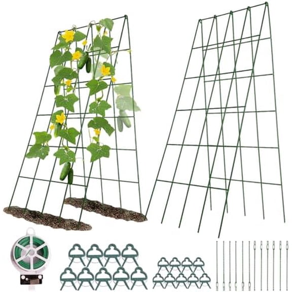 2 Packs Foldable Cucumber Trellis A Frame Metal Design with Plant Support ClipsTwist Ties Plastic Ties Accessories Garden Support Trellis for Climbing Plants Vegetables (31.5" W x 39.37" H)