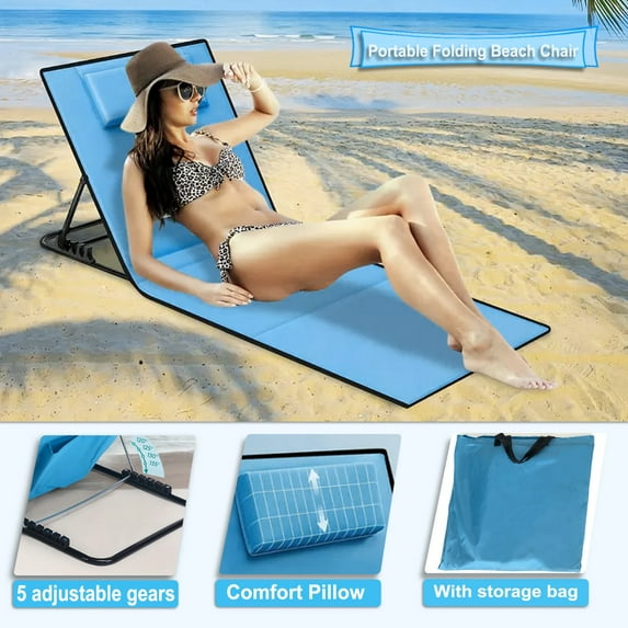 2 Packs Folding Lounge Chairs, 5-Position Recline Lawn Chair with Pillow & Storage Pocket for Sunbathing, Patio Chaise Lounge Lightweight Backpack Camping Chairs (Blue)