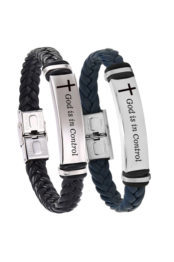 2 Packs God is in Control Bracelets for Men Women Couples,Braided Leather Stainless Steel Engraved Faith Christian Inspirational Bracelet Jesus God Wristband Encouragement Religious Gift