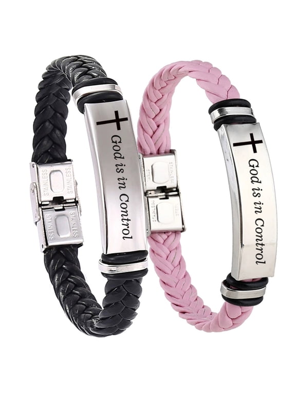 2 Packs God is in Control Bracelets for Men Women Couples,Braided Leather Stainless Steel Engraved Faith Christian Inspirational Bracelet Jesus God Wristband Encouragement Religious Gift