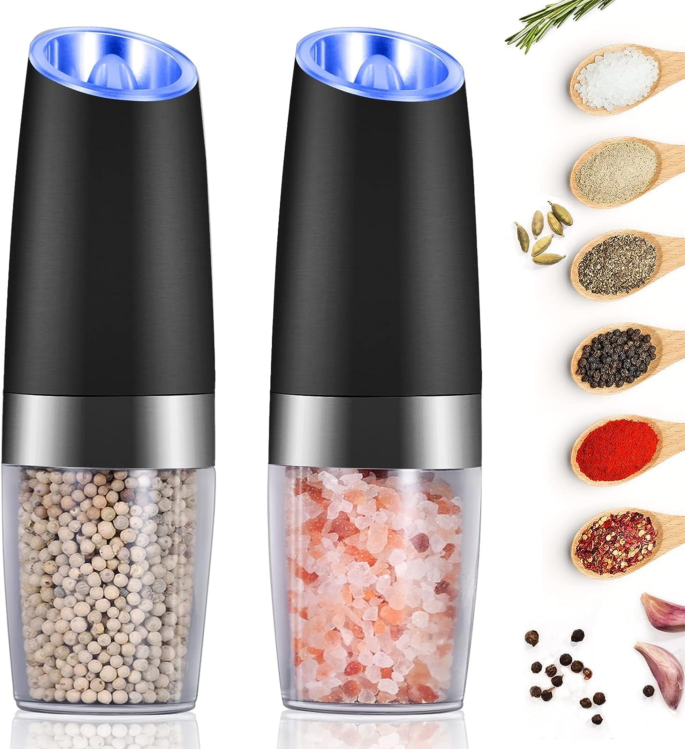 2 Packs Gravity Salt and Pepper Mill Set, Battery Powered with LED