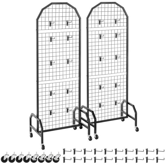 2 Packs Grid Wall Panels, 1.9 x 5.4 ft Wire Grid Panels Display Rack, Movable Art Display Shelf with Wheels and 20 Hooks, Black Carbon Steel Gridwall for Craft Show, Decor, Storage, Notice Board