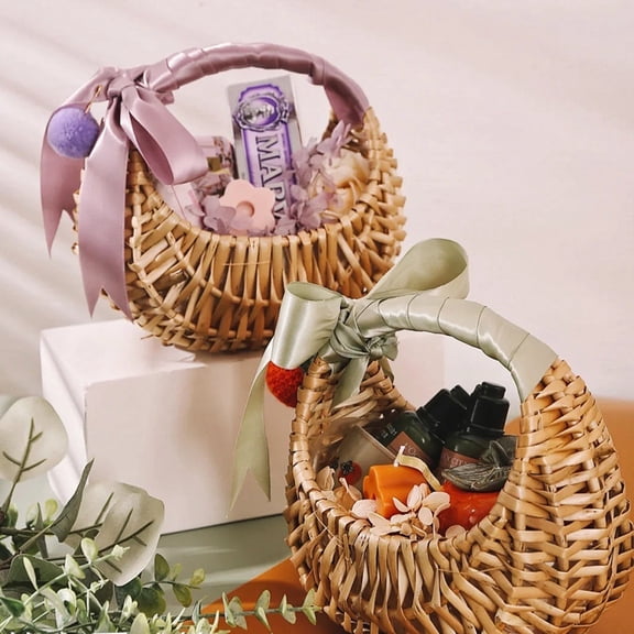 2 Packs Half-moon Mini Straw Rattan Baskets, Hand-woven Flower Basket with Handle, Retro Storage Containers, Khaki