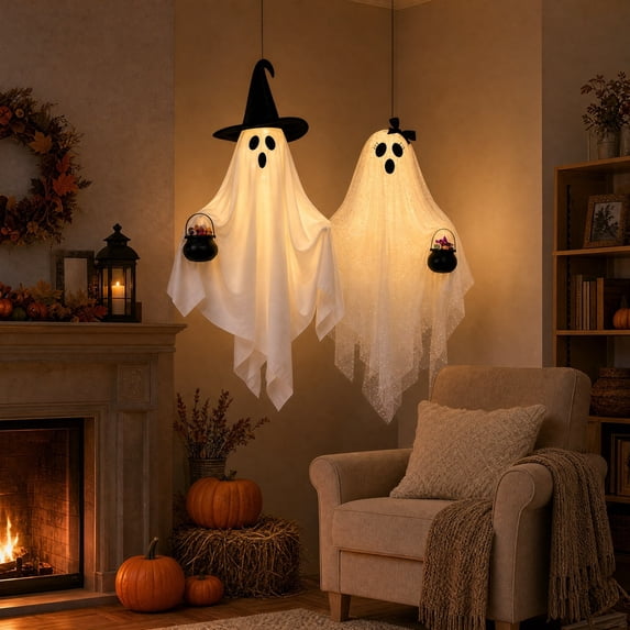 2 Packs Halloween Hanging Light-Up Ghost Decorations with Witch Hat Bow, Cute Spooky Couple Ghost Ornaments with Cauldron for Outdoor Indoor Porch Yard Garden Home Halloween Party Decoration