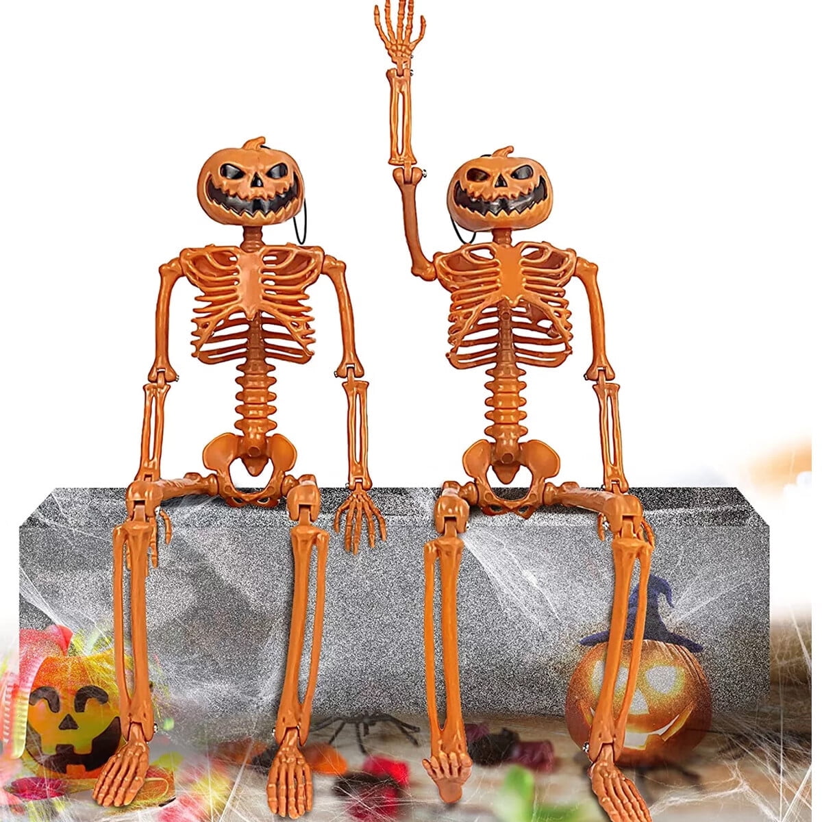 2 Packs Halloween Pumpkin Skeleton Decorations with Posable Joints Skeletons for Halloween Party Front Door Haunted House Props Decorations
