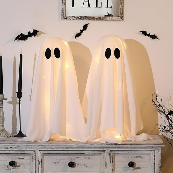 TETOU 2 Packs Halloween Spooky Ghosts with String Lights,Scary Cute Ghost for Halloween Decoration Indoor Party Home Table Room Kitchen Fireplace Decor