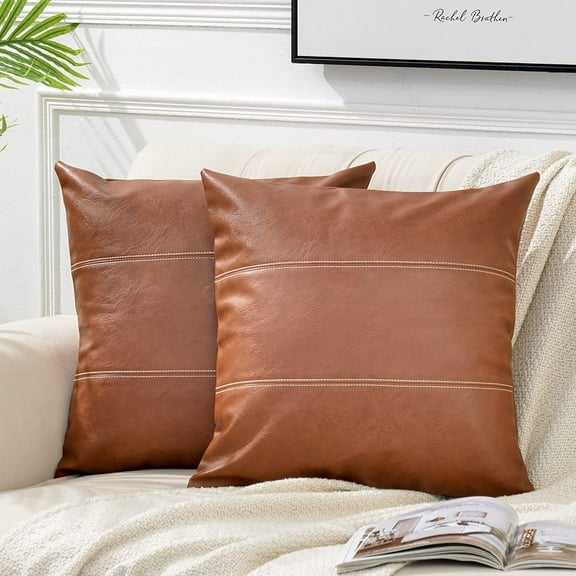 2 Packs Hand Stitched Faux Leather Decorative Throw Pillow Covers 20x20 Inch for Living Room Couch Bed Sofa. Brown Accent Square Cushion Case. Rustic Modern Farmhouse Home Decor