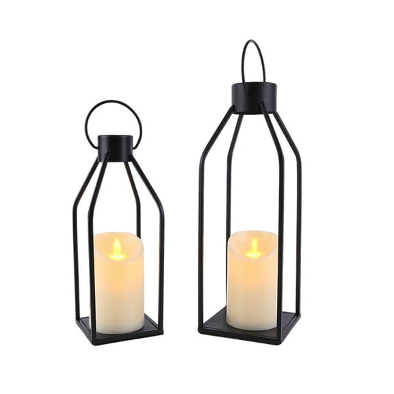 Black Metal Candle Holder, Set of 2 Rustic Lantern Decorative with Flameless Candle, Farmhouse Holder for Easter, Outdoor, Indoor, Mantle Decor (S+L)