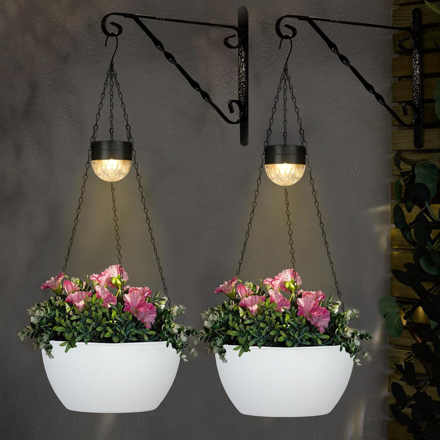 2 Packs Hanging Planters Basket for Outdoor Plants, Solar Powered Self ...