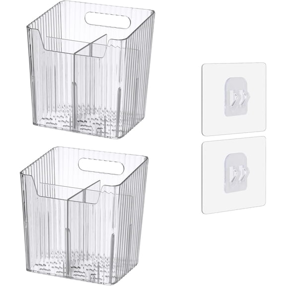 2 Packs Hanging Storage Bins, Wall Mounted Bath Organizer Shelf Clear Plastic Toothbrush Holder for Bathroom, Kitchen, Cabinet, Shower, Drill-Free Removable(Small ,Clear)