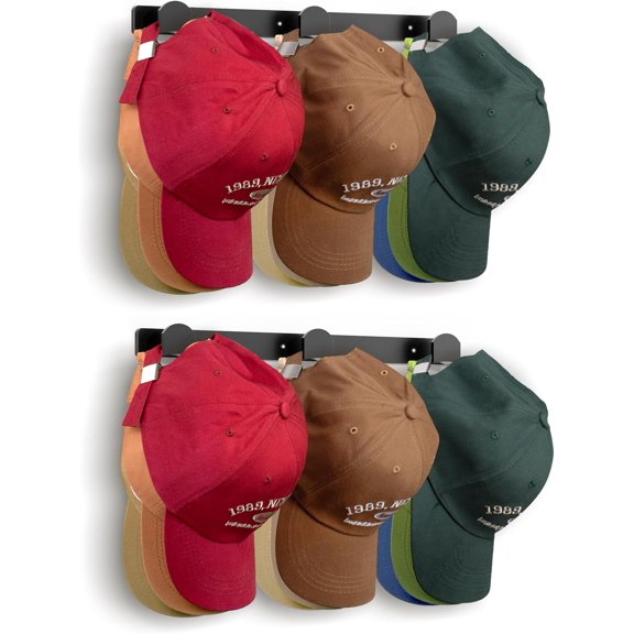 2 Packs Hat Rack for Wall, Hat Organizer for Baseball Caps, 3 Mounting Options Cap Hook Hanger,  Snapback Holder Storage Display for Door, Room, Closet (Black)