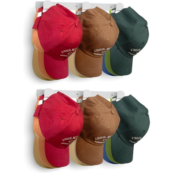 2 Packs Hat Rack for Wall, Hat Organizer for Baseball Caps, 3 Mounting Options Cap Hook Hanger, Snapback Holder Storage Display for Door, Room, Closet (White)