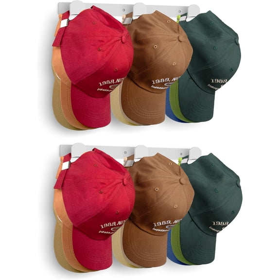 2 Packs Hat Rack for Wall, Hat Organizer for Baseball Caps, 3 Mounting Options Cap Hook Hanger, Strong Snapback Holder Storage Display for Door, Room, Closet (White)