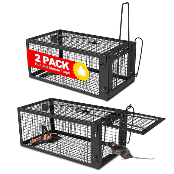 2 Packs Humane Rat Trap Outdoor Mouse Traps Indoor Use, Rodent Chipmunk Traps for Small Live Animal Catch and Release - Black