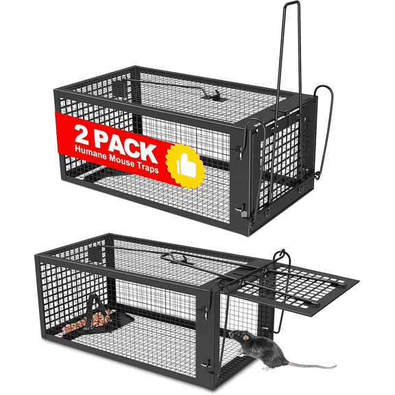 2 Packs Humane Rat Trap Outdoor Mouse Traps Indoor Use, Rodent Chipmunk Traps for Small Live Animal Catch and Release - Black