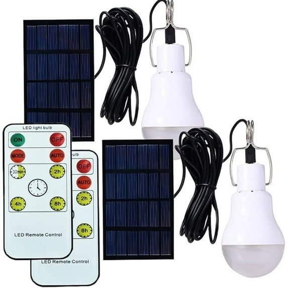 2 Packs Indoor/Outdoor Solar Light Bulbs with Timer, LED Solar Lights for Chicken Coop, Home, Emergency Power Outage, Remote Control Included